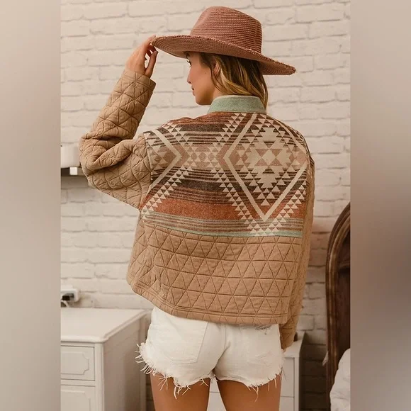 Tan Mixed Aztec Tribal Raw Hem Puffer stitch cotton Quilted Zip Jacket coat - Picture 8 of 8